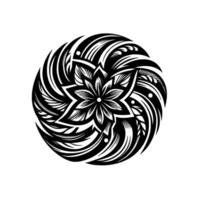 Intricate Black and White Floral Mandala with Flowing, Swirling Elements, Radiating from a Central, Symmetrical Flower on a Plain White Background. vector