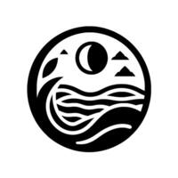 A minimalist black and white circular illustration depicting a crescent moon, rolling waves, distant mountains, and stylized clouds, representing a serene coastal landscape. vector