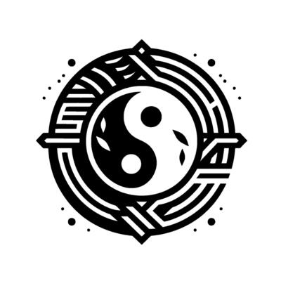 Abstract Black and White Yin Yang Symbol with Geometric Framework, Leaf Elements, and Dot Embellishments.