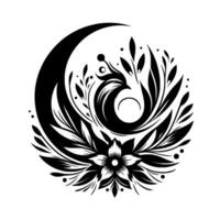 A monochromatic circular floral depicting a stylized bird within a crescent moon, encircled by leaves and a blooming flower, evoking a sense of balance. vector