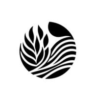 Stylized black and white featuring a central, radiating wheatlike element encompassed by a curved, wavelike within a circular frame. vector