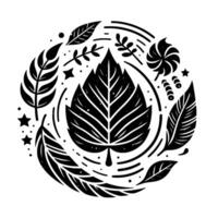 A monochromatic botanical illustration, featuring a stylized leaf central to an array of foliage and other elements, evoking a sense of organic and symmetry. vector
