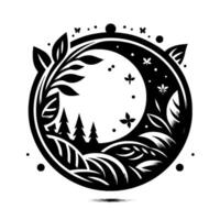 A monochromatic circular illustration featuring nature elements like trees, leaves, and flowers, creating an elegant, balanced on a white backdrop. vector