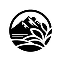 A minimalist black and white emblem within a circle, featuring a stylized mountain range, setting sun, water, and florallike element. vector