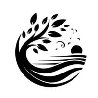 A stylized black and white illustration of a tree curving around a sea horizon with a setting sun, and birds. vector