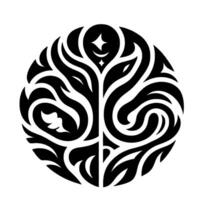 Circular Black and White A symmetrical arrangement of flowing organic forms with a central treelike structure, accented by starshaped details, set against a white backdrop. vector