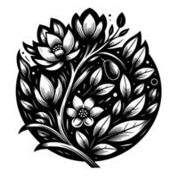 Intricate black and white floral , botanical illustration featuring stylized blossoms, leaves, and delicate detailing within a circular frame. vector