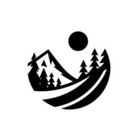 Silhouette of a mountain range, pine trees, and sun within a stylized, circular frame, rendered in bold black and white. vector