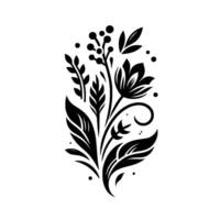 Elegant Black and White Floral Composition featuring stylized flowers, leaves, and berries, arranged in a symmetrical, minimalist against a clean white backdrop. vector