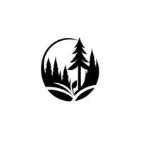 A minimalist, black and white emblem featuring stylized evergreen trees within a circular frame, evoking nature and the outdoors. vector
