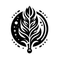 Monochromatic Feather Emblem with Cosmic Elements Enclosed within a Circular Frame, Suggesting Harmony and Balance. vector
