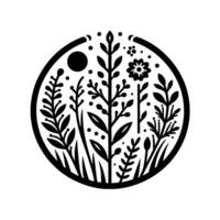 Monochromatic Botanical Circle A black and white stylized illustration featuring a variety of plants, flowers, and a sun within a circular frame. vector