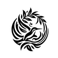 Intricate Black and White Hummingbird A Detailed Depiction Featuring Flowing Lines, Leaves, and a Smaller Bird, All Within a Circular Composition on White. vector