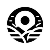 Abstract Black and White Circular Depicting a Mountainous Landscape with a Stylized Location Marker, Suggesting Nature and Navigation. vector