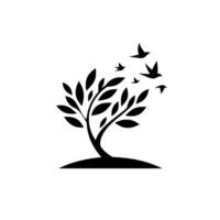 Minimalist Black Silhouette of a Tree with Lush Leaves and Flying Birds Against a White Background, Evoking Tranquility and Freedom. vector