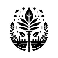 A symmetrical, black and white emblem featuring a stylized leaf composition framed by foliage and geometric elements, reminiscent of a crest or natureinspired . vector