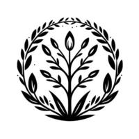 A stylized, monochromatic botanical emblem, showcasing a symmetrical tree and leaves within a circular wreath, exuding natural elegance. vector