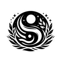 Celestial YinYang with Botanical Embellishments A Serene Black and White Composition with Stars, Moon, and Laurel Wreath. vector