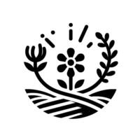 Stylized Black and White Floral Emblem with Blossoming Flowers and Foliage Bordered by a Field, with Exclamation Marks. vector