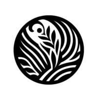 A symmetrical black and white circular depicting a stylized leaf motif within a smooth, minimalist aesthetic on a bright white background. vector