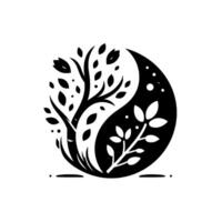 YinYang Inspired Nature Black and White Floral and Foliage Symbolizing Balance and Harmony, Trees and Leaves. vector