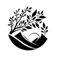 Black and White Nature Emblem Mountains Enclosed by Foliage with Sun, Symbolic of Growth and Harmony. vector