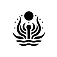 Abstract Black Silhouette of a stylized creature rising from water, adorned with a sun and surrounding dots, minimalist and symbolic. vector