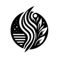 Abstract black and white circular featuring stylized waves, plant, moon, star, and geometric elements, creating a harmonious composition. vector