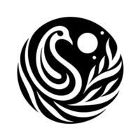 Elegant Black and White Circular Featuring a Swan Silhouette, Moon, and Leaves. vector