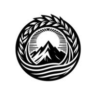 Mountain peak and sunrise emblem encompassed within a laurel wreath, minimalist black and white , serene and natureinspired. vector