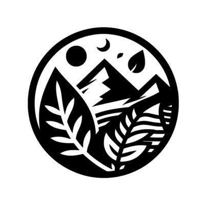 A monochrome circular emblem featuring stylized mountain peaks, leaves, sun, and moon, evoking natural harmony and balance.