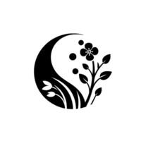 Elegant Black and White Floral A stylized arrangement featuring a flower, leaves, dots, and curved elements within a circular shape, creating a harmonious, minimalist composition. vector