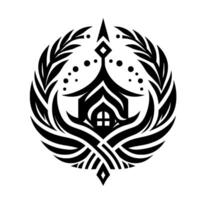 A stylized black and white emblem depicting a house with intricate details, surrounded by a laurel wreath and geometric elements, set against a plain white backdrop. vector