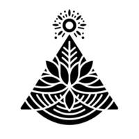 Geometric Black and White Mandala Featuring a Triangle Lotus Flower with a Sunburst Crown and Decorative Lines. vector