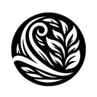 A stylized, monochromatic floral within a circle, featuring swirling lines and organic leaf shapes, suggesting growth and movement. vector