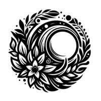 Elegant Black White Floral Circle with Detailed Leaves, Spirals, and Minimal Dots on a Pure White Background vector