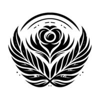 Intricate Black and White Floral Crest , Symmetrical Rose and Leaf Motif, Decorative Border vector