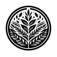 Elegant black and white stylized botanical , showcasing leaves and branches in a circular arrangement with minimalist details, evoking natures beauty. vector