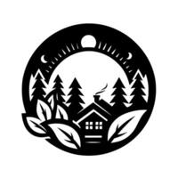 Serene Silhouette Black and White Circular Illustration of a Cabin in a Forest, with Sun, Moon, and Foliage, evoking Tranquility. vector