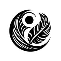 Black and white stylized feather and circle , resembling a symbol or , with intricate details. vector