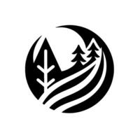 Stylized Monochrome Depicting Natures Harmony Mountains, Trees, and Rolling Hills Within a Circular Frame, Evoking Simplicity and Tranquility. vector