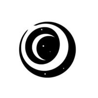 A minimalist, black and white featuring a crescent moon within a larger circle, representing a celestial body, with a night sky effect and a few scattered stars. vector