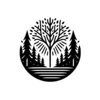 A stylized black and white illustration of a forest scene within a circular frame. A central, detailed tree radiates energy, surrounded by silhouetted fir trees, over a detailed body of water. vector