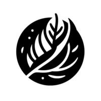 Artistic minimalist black and white botanical featuring a stylized leaf enclosed within a circular shape, with three small decorative elements. vector