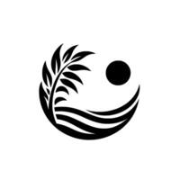 Abstract YinYang Harmony A Black and White Circular Composition Featuring a Palm Branch, Waves, and a Sun, Symbolizing Balance and Nature. vector