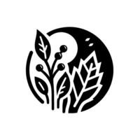 Monochrome botanical emblem A stylized black within a circle, featuring leaves, berries and wheat, set against a clean white background. vector