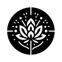 Monochromatic Lotus Mandala A stylized black and white illustration featuring a lotus flower enclosed within a circular frame adorned with geometric embellishments, creating a sense of balance and se vector