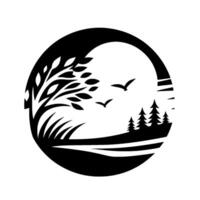 Silhouette landscape within a circle, featuring a tree, birds, and pine trees, with a serene and minimalist aesthetic. vector