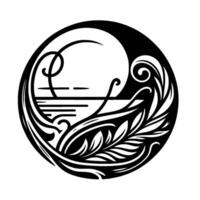 Art Nouveau style black and white circular featuring stylized ocean, waves, foliage, and a crescent moon, creating a harmonious, symmetrical composition. vector