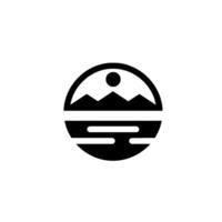 Minimalist Black and White Circular Depicting Mountains, Sun, and Water in a Simple, Abstract Form. vector